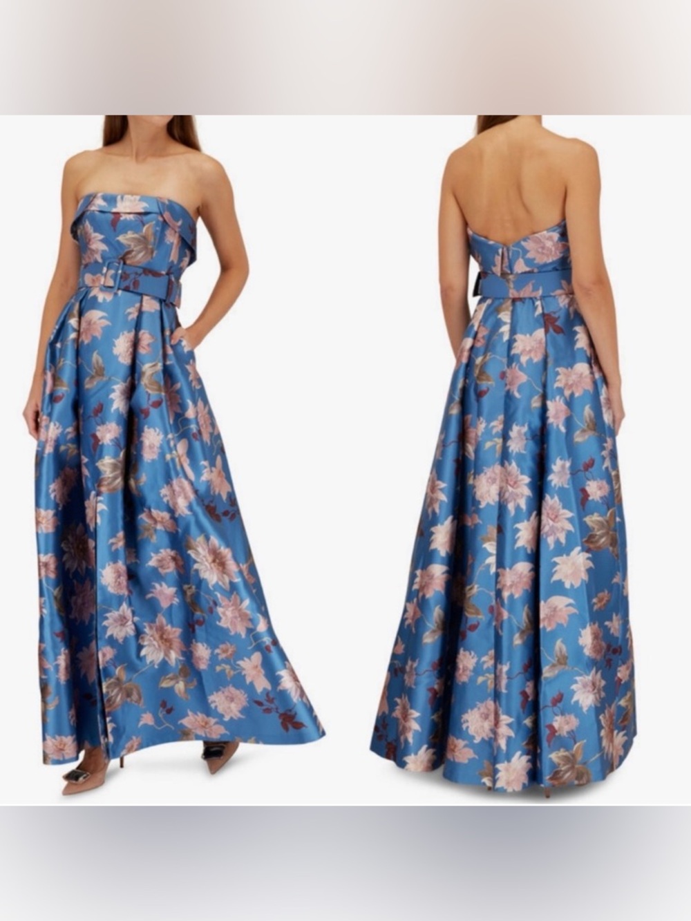 Sachin + Babi Strapless Blue Dahlia Floral Belted Gown